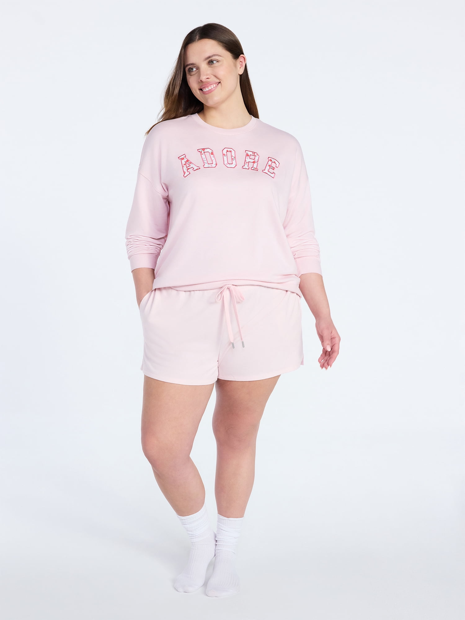 Joyspun Women's French Terry Long Sleeve Top and Shorts Lounge Set, 2-Piece, Sizes XS-3X