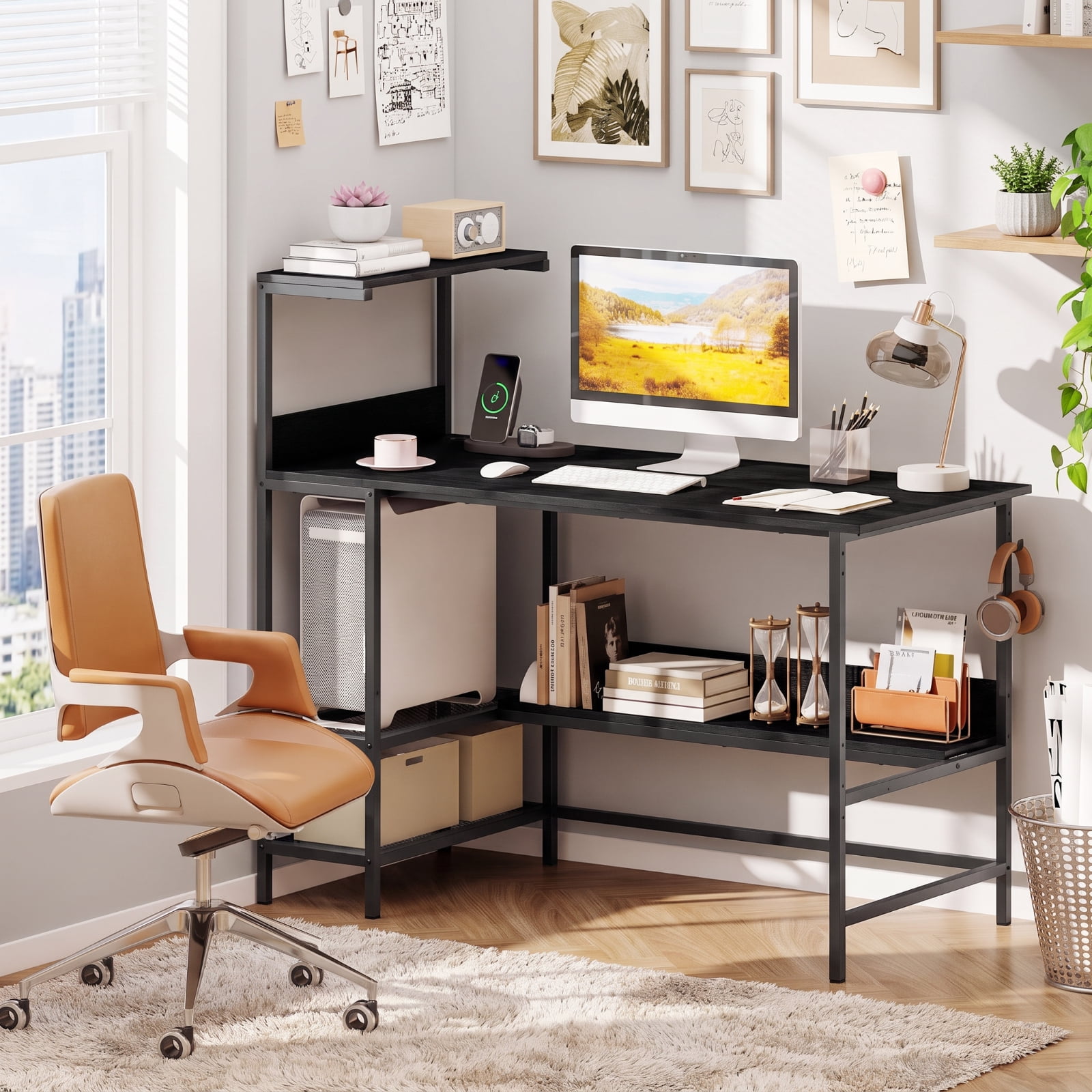 Furnibear 48 Inch Computer Desk with Power Outlets and Storage Shelves, Home Office Writing Desk with USB Type-C Ports and Mesh Shelves, Black