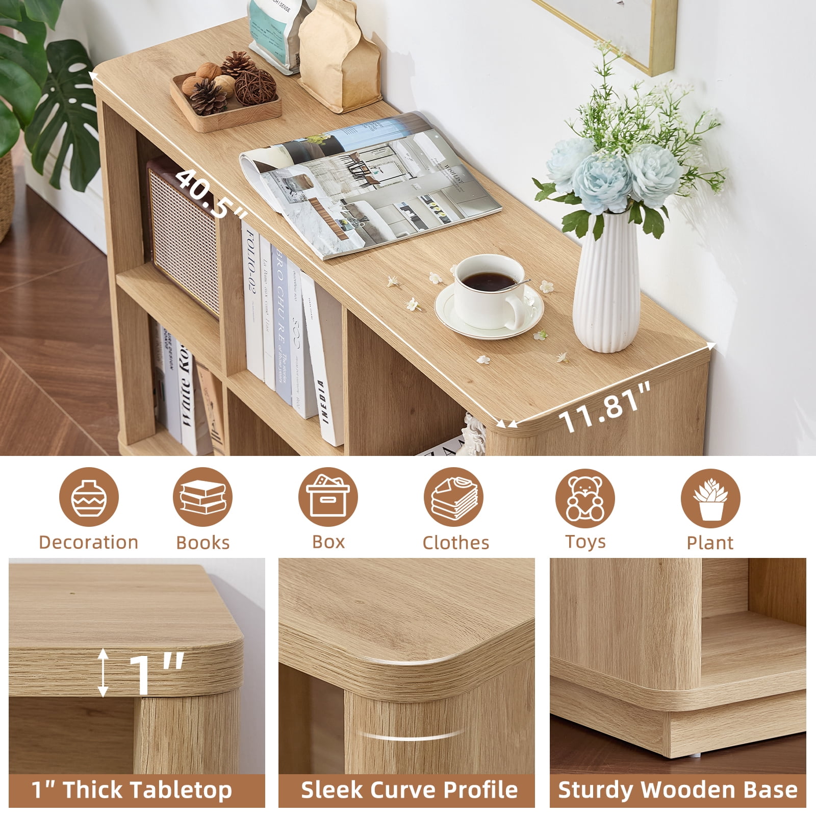 6 Cube Storage Book Shelf, 40.5" Wide Wood Cube Storage Organizer, Wooden 2 Tiers Floor Standing Low Bookcase for Living Room, Home Office, Kids Room