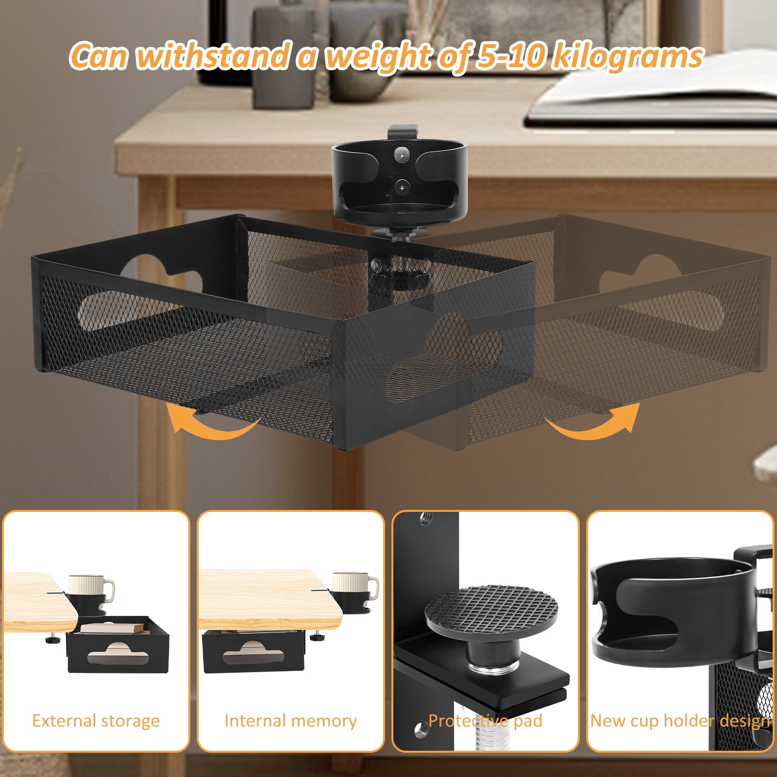 Under Desk Storage Organizer with Cup Holder, 360° Rotating Mesh Desk Drawer with Cable Hole, No Drill Clamp On for Office Supplies Coffee Mug Headphone and Phone, Black