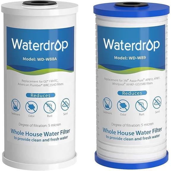 Waterdrop WF10PG 5 Micron 4.5" x 10" Sediment Filter and Activated Carbon Filter, Replacement Cartridge for WFH21-PG Whole House Water Filtration System