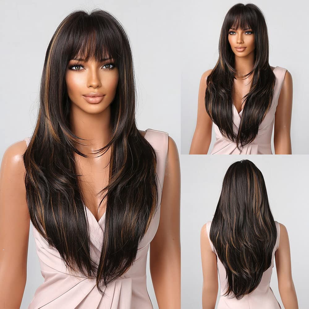 Brown Brunette Long Wavy Wig w/ Middle Part Heat Resistant Synthetic 26 Inch Long Wavy Synthetic Wigs for Black Women Dark Brown Wig  main image 4
