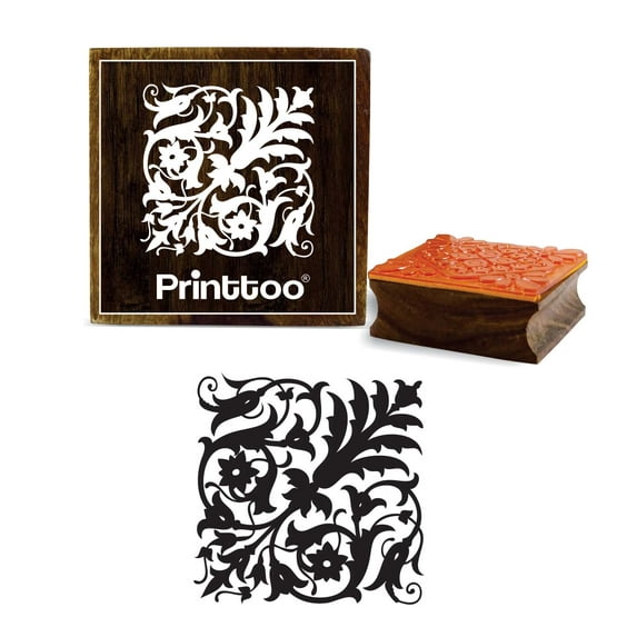 Printtoo Floral Damask Pattern Square Brown Wooden Rubber Stamp Crafting Stamps-2 x 2 Inches