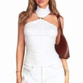 thumbnail image 2 of Women Halter Neck Pleated Twist Front Tank Tops Trendy Slim Fit Sleeveless Hollow Out Halter Top Clubwear Cream White M, 2 of 9