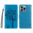 thumbnail image 2 of Compatible with iPhone 12 Pro Max Case Wallet Case with Kickstand Credit Card Holder Slots Cute Cat Butterfly & Tree Embossed Premium PU Leather Protective Phone Case with Wrist Strap,Blue, 2 of 9