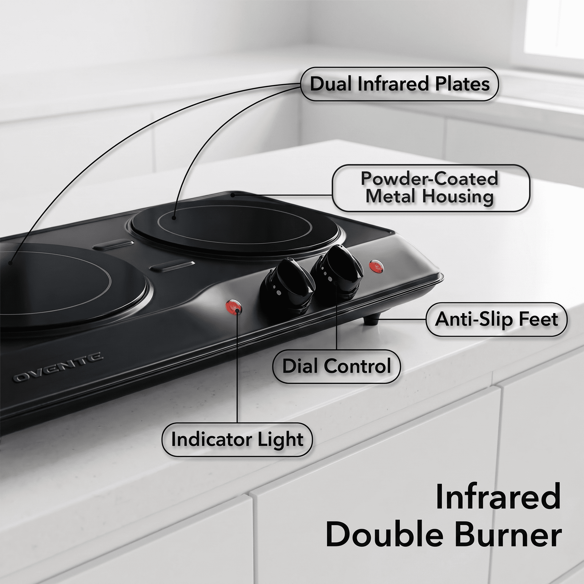 OVENTE Electric Infrared Double Burner, 1700W Hot Plate, Black BGI102B | Portable Stove with 7.75" and 6.75" Ceramic Glass Cooktop, 5 Level Temperature Setting and Easy to Clean Base