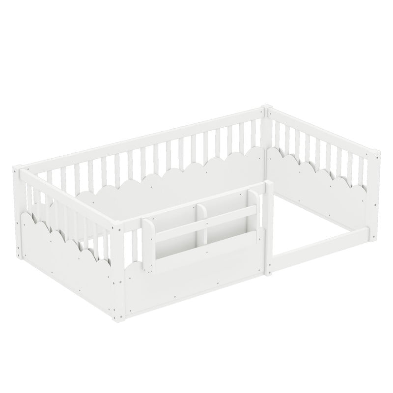Twin Size Floor Bed with Heightened Fence, Kids Platform Bed Frame with No Slat, Montessori Storage Bed with Bookshelf