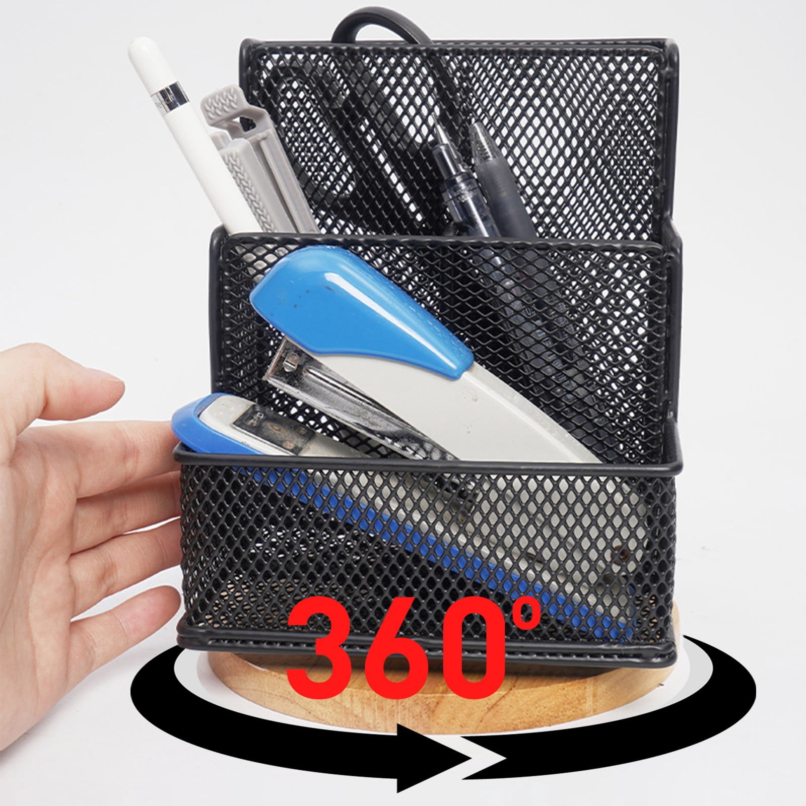 Rotating Desk Organizer Pen Holder, Multi Compartment Mesh Storage Caddy, 360 Degree Spin Base Design, Space Saving Desktop Organizer, Office Vanity Supplies Storage