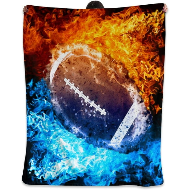 LHSHID Red and Blue Fire with Football Gift for Girls Women Flannel Fleece Fuzzy Blankets Soft Warm Cozy for Bed Sofa Living Room for Kids 50x60in