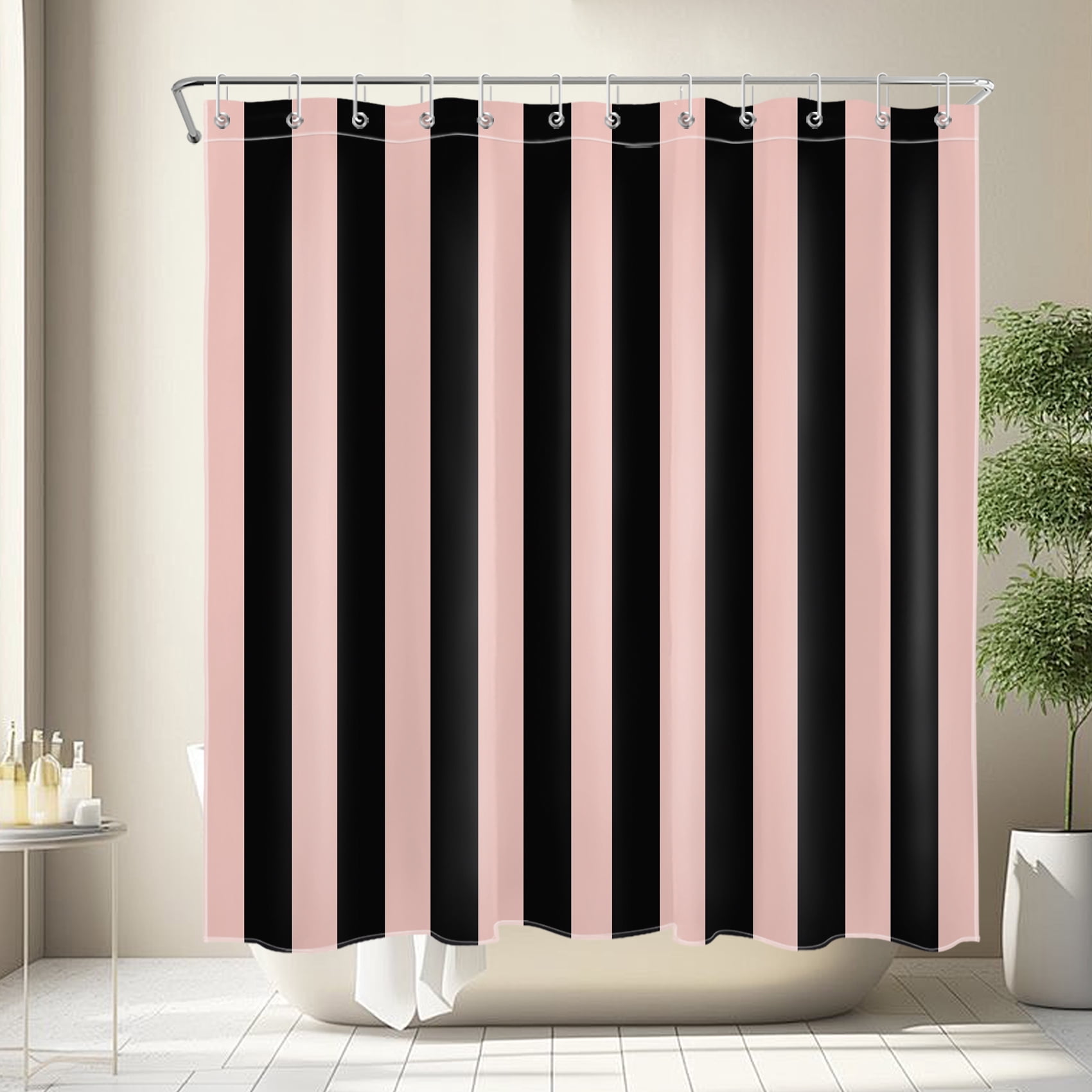 NEONWE Black and Pink Striped Shower Curtain, Modern Watercolor Stripe Waterproof Bathroom Shower Curtain with Hooks, Machine Washable, 72" x 72"