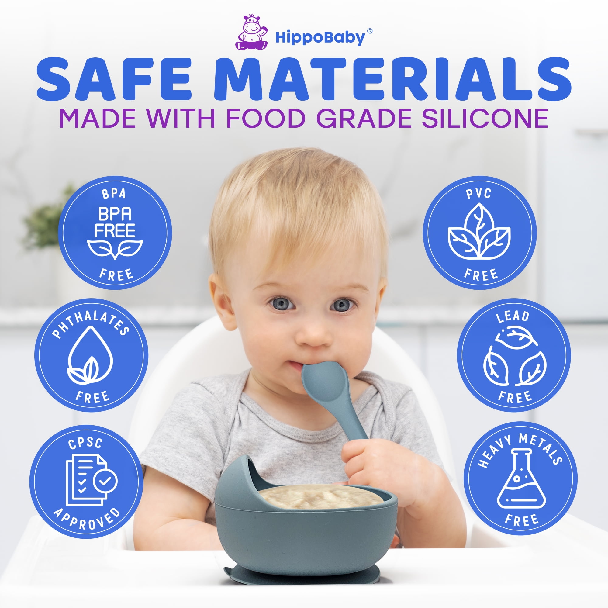 HippoBaby 10 Piece Silicone Baby Feeding Set with Bib, Cup, Divided Plate, Bowl, and Self-Feeding Spoons (Sky)