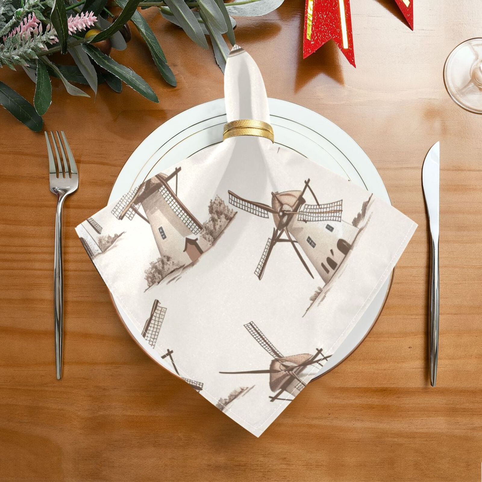 JSTEL Retro Windmill Cloth Napkins Set of 6, 20x20 Inch Washable and Reusable Napkin for Decoupage Dinner Party Everyday Use