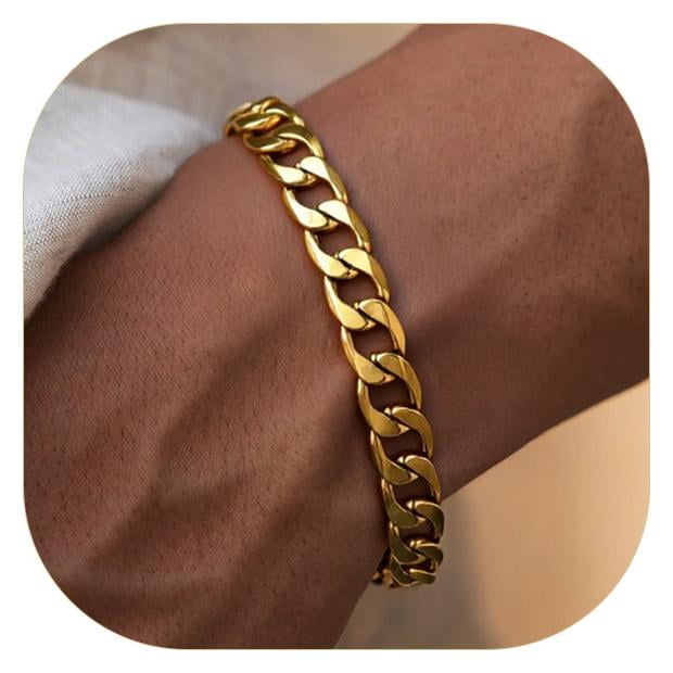 ChainsProMax 18K Gold Plated Wrist Bracelet for Men Women 8mm 7.5 inch Stainless Steel Cuban Bracelets Fathers Day Jewelry Gift for Dad Son