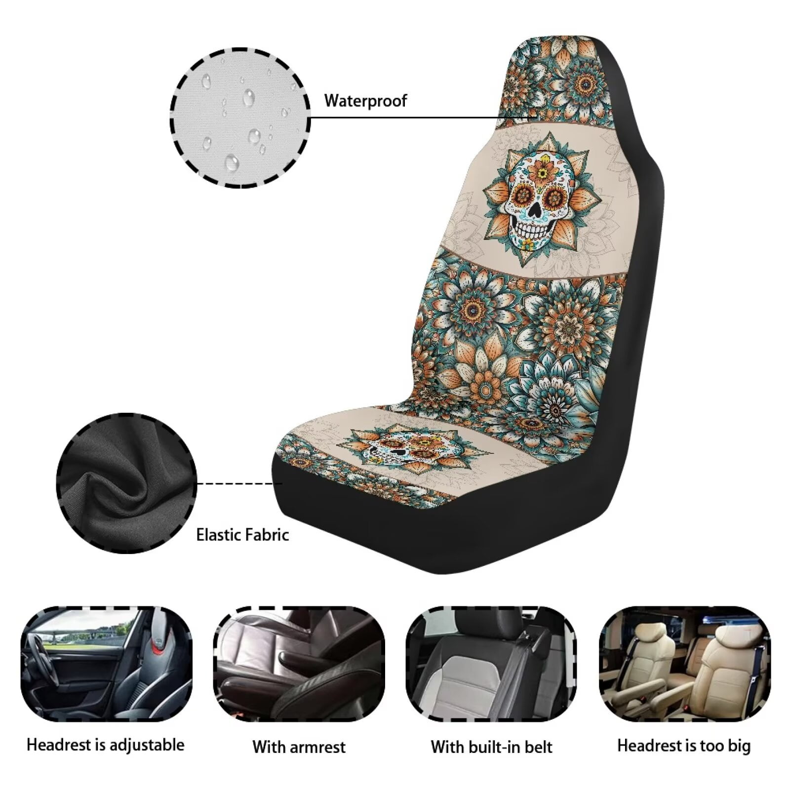 Yuyamidu Skull Car Seat Covers Set of for 2 Front Seats, Boho Mandala Flower Auto Accessories Decor Universal Fit for Car Truck SUV