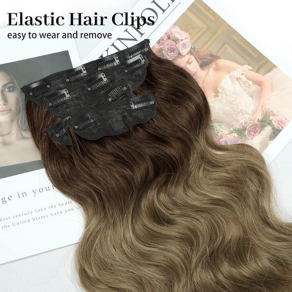 WEIF-Clip in Long Wavy Synthetic Hair Extension 20 Inch 4PCS Ombre Brown to Ash Blonde Hairpieces Fiber Thick Double Weft Hair Extension for Women