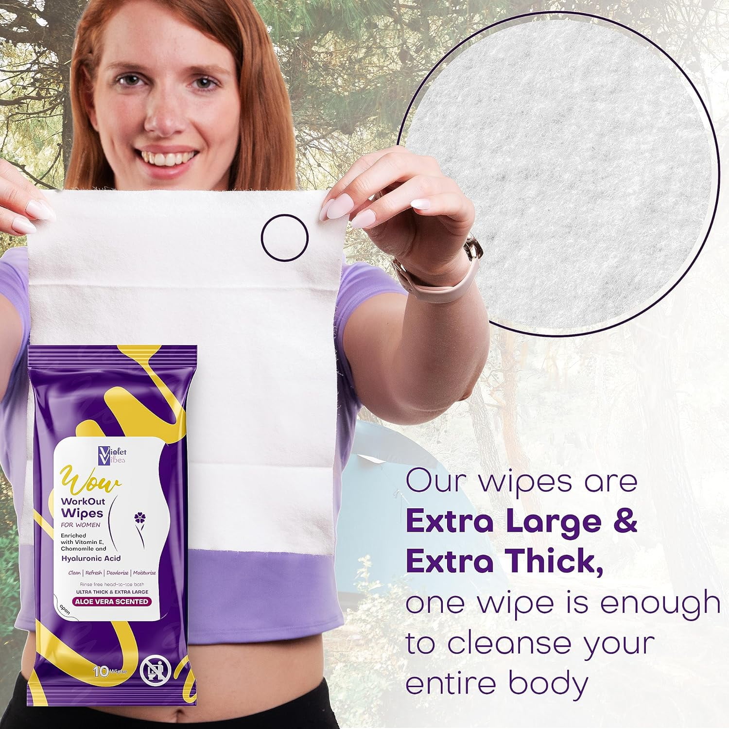 Violet Vibes Rinse-Free Body Wipes for Women, XL Post Workout Wipes, Aloe Scent, Moisturizing Shower Wipe, 20 count, 2 pack