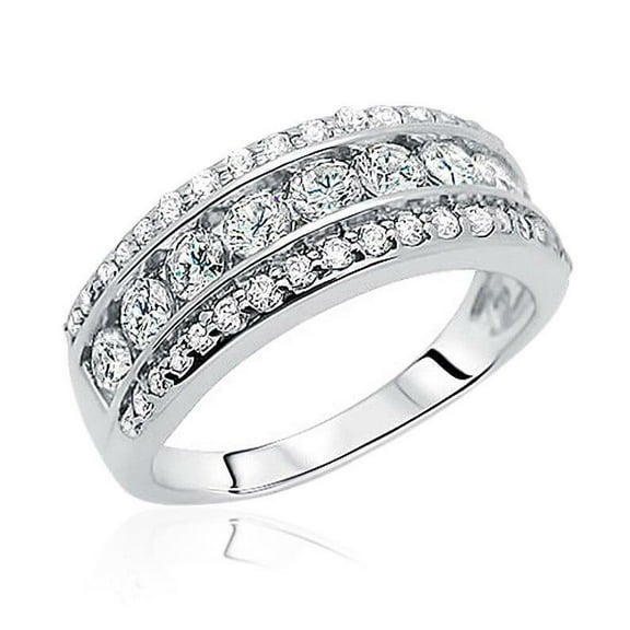 Triple Row Diamond Engagement Ring, Half Eternity Diamond Wedding Band, Channel and Pave Set Diamond Ring, 925 Sterling Silver, 2.3 Ct Round Cut Simulated Diamond, Anniversary Band