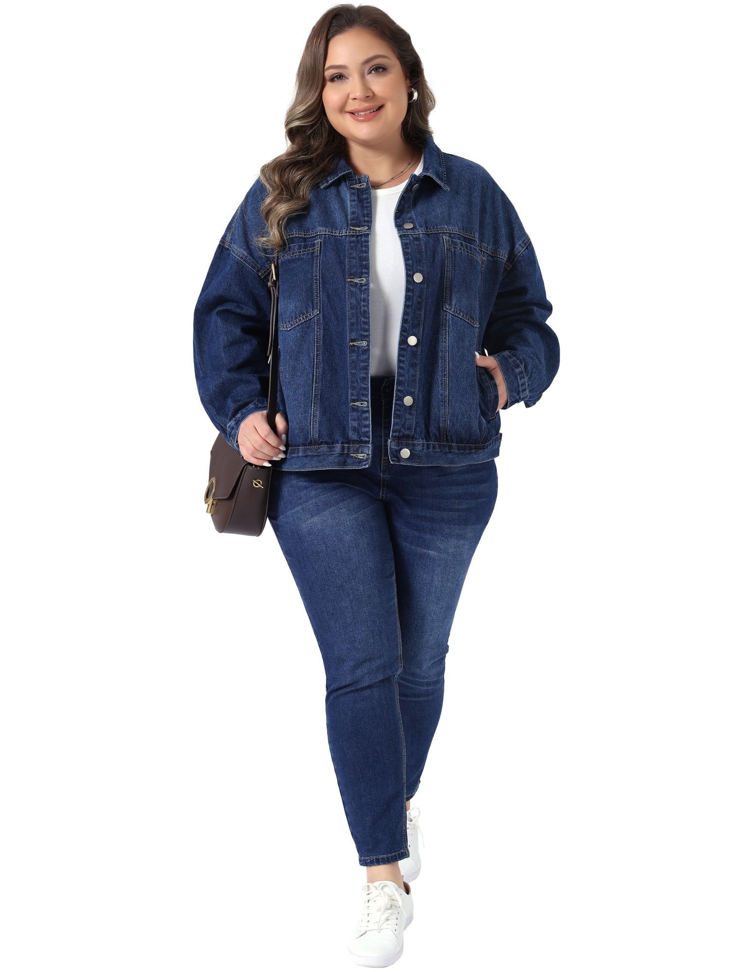 DARING DIVA Women's Plus Denim Long Sleeve Button Washed Jacket 1X Dark Blue