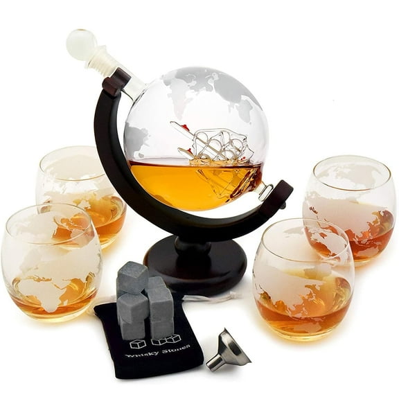 Black Horse Whiskey Decanter Set with Glasses - 30 oz Globe with Ship - Gift Box - Decanter for Alcohol