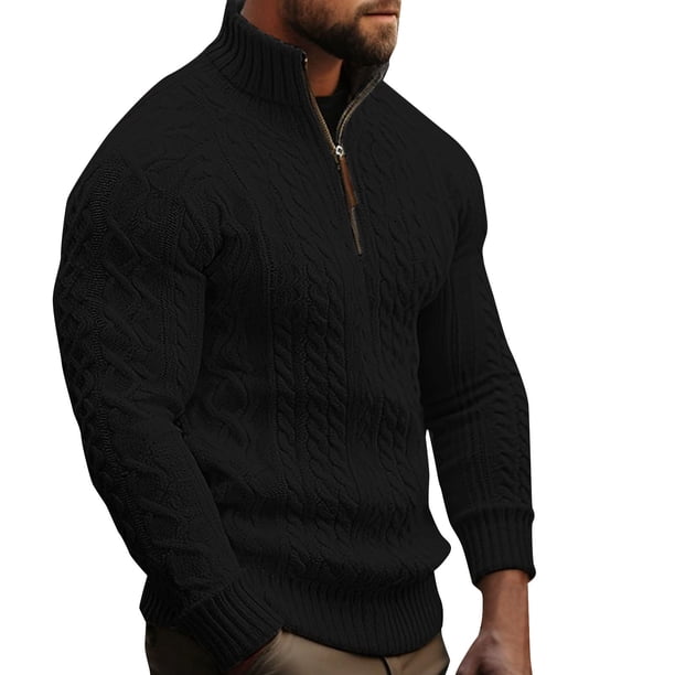 Blusa y camisa de manga larga con cuello alto para hombre, color liso, con cremallera, cuello alto, cubrecabezas, tejido elástico, estilo suéter, poliéster.