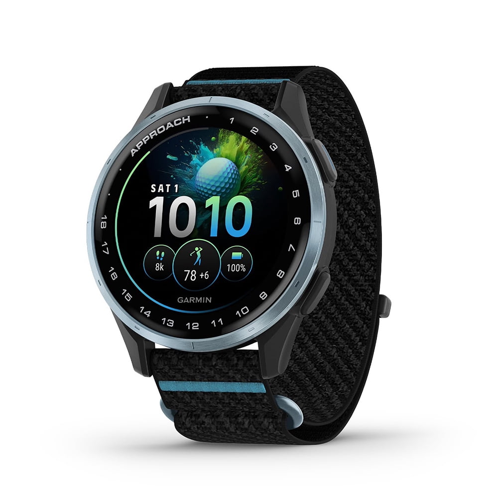 Garmin Approach J1 Cloud Blue Aluminum Bezel with Black/Azure ComfortFit Fabric Band 010-03898-00 Bundle with Deco Essentials Charging Dock, 3x Silicone Dust Cover and 2x 1.2 Inch Screen Protector