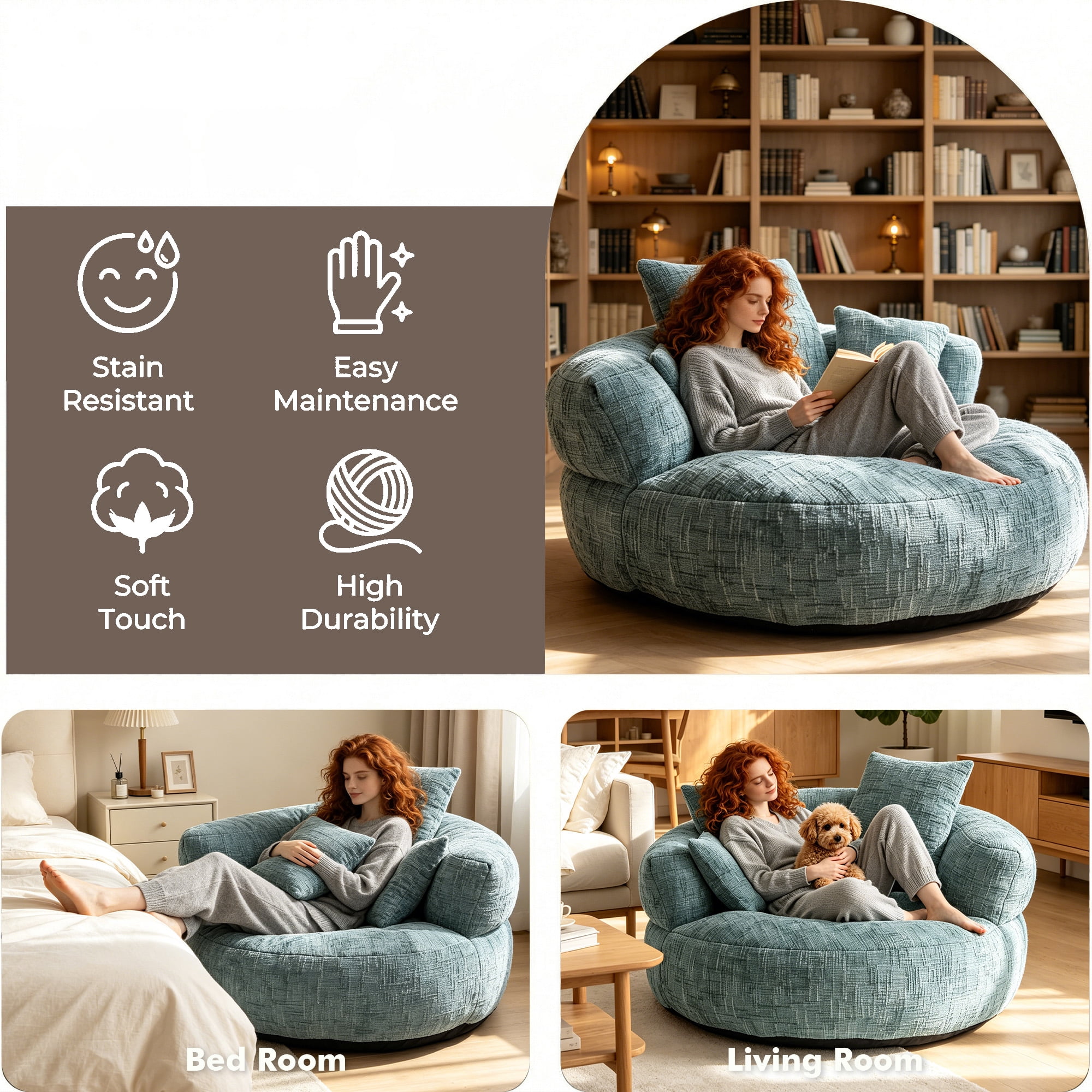 MOONMISS Oversized Bean Bag Chair, Chenille Lazy Bean Bag Sofa with Wrap-Around Backrest & Pillows for Living Room,Teal Blue