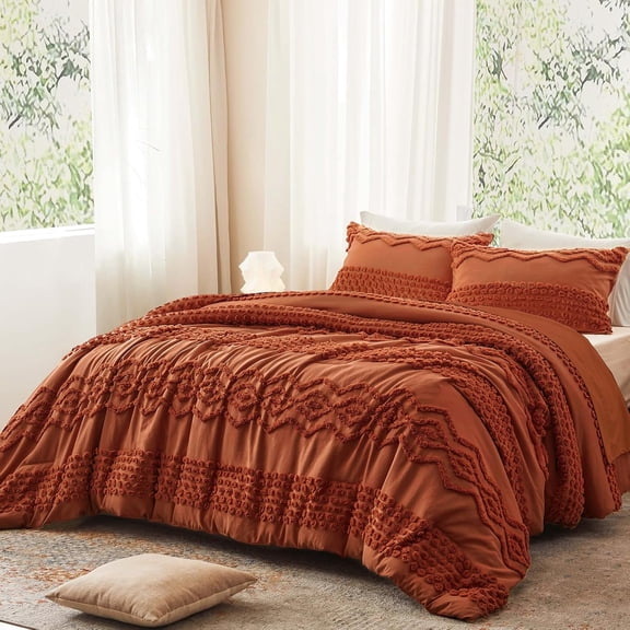 Terracotta Boho Tufted Comforter Set King Size 3 Pieces Boho Shabby Chic Comforter Farmhouse Embroidery Bedding Set Soft Comforter for All Seasons (Terracotta, 104''x90'')
