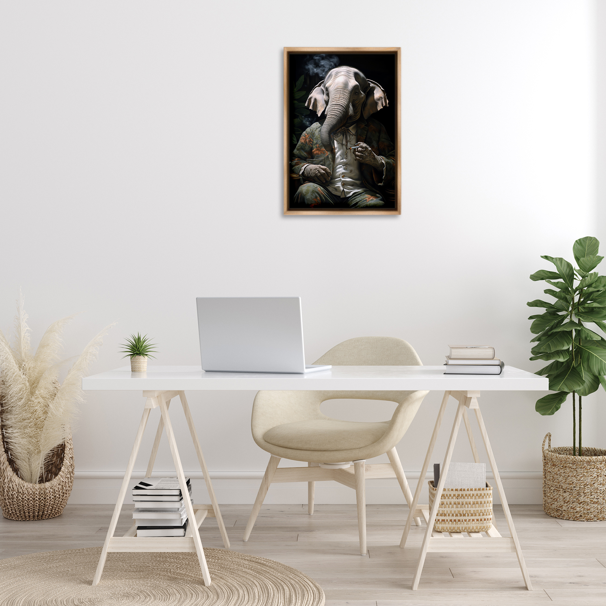 Stupell Industries Elephant Smoking Cigarette Novelty Painting Brown Floater Framed Canvas Art Print Wall Art, 17 x 25