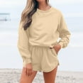 thumbnail image 2 of Enjoytime Winter Sets Women 2 Piece Outfits Solid Color Crewneck Long Sleeve Sweatshirt Shorts Loungewear Casual Loose Travel Matching Set Khaki S, 2 of 6