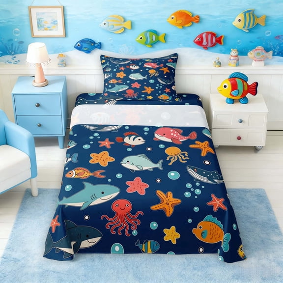 Manfei Cartoon Fish Twin Sheet Sets for Kids Boys and Girls, Marine Life Print Bedding 3pcs, 1 Flat Sheet, 1 Fitted Sheet and 1 Pillowcase