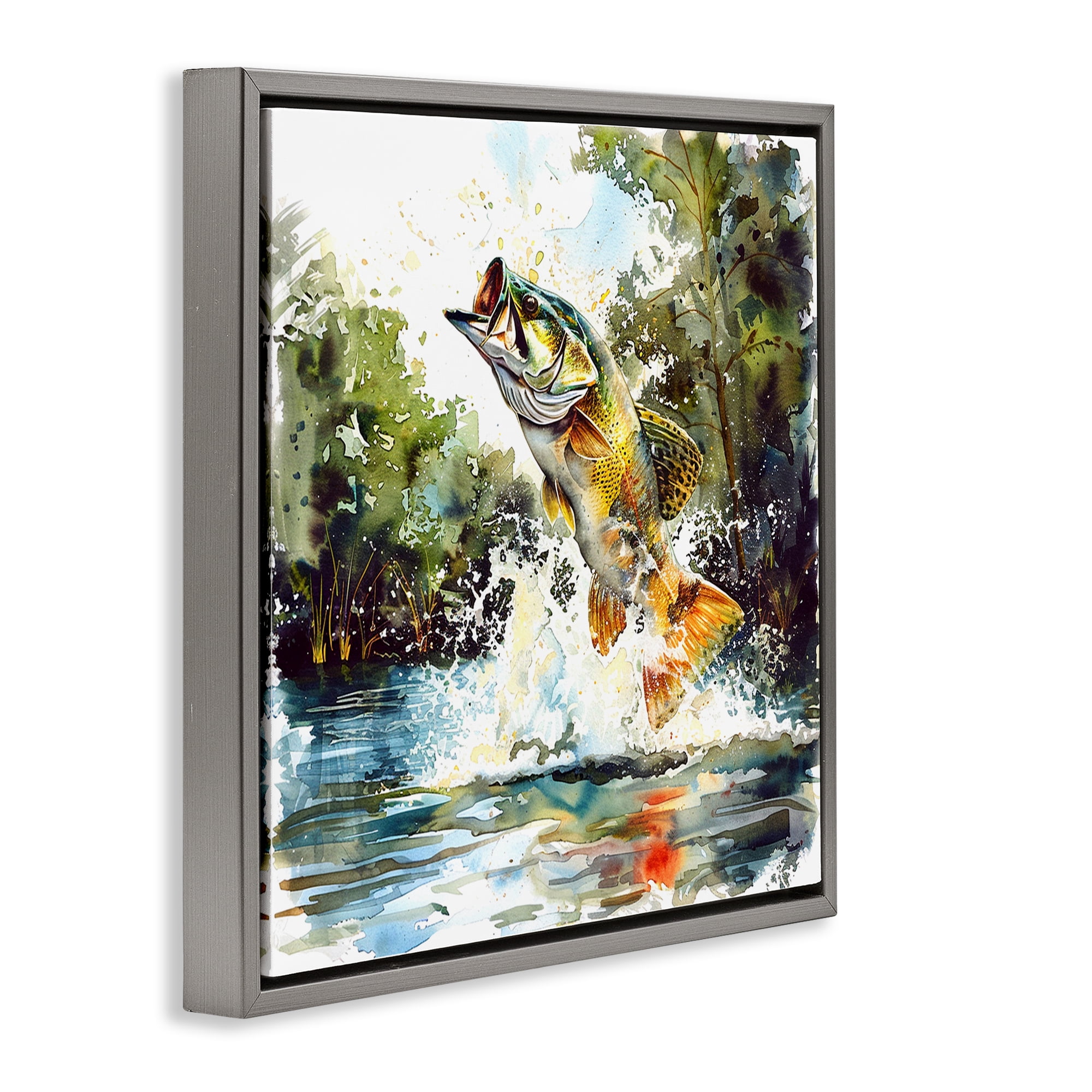 Stupell Industries Fish Jumping Splash Animals Painting Gray Floater Framed Canvas Art Print Wall Art, 18 x 18