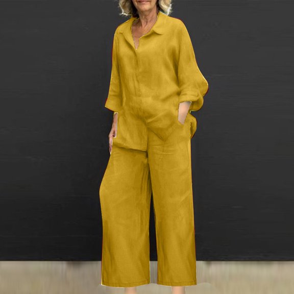 tarylea Womens Plus Size 2 Piece Lightweight Sets Cotton Linen Long Sleeve Button down Turn down Collar Shirts Straight Leg Pants Casual Breathable Suits