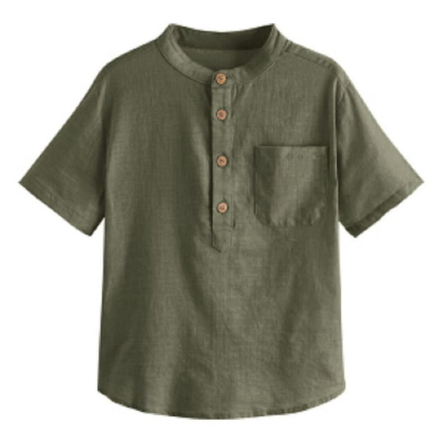 CHOK Hauts Henley à Boutons pour Garçons à Manches Courtes en Lin et Coton avec Poche