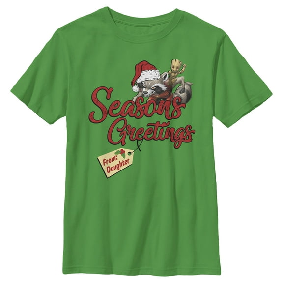 Boy's Marvel Christmas Rocket & Groot Daughter Greetings Graphic Tee Kelly Green X Large