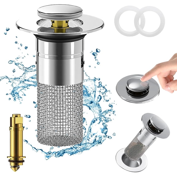 Bathroom Sink Drain Strainer, Pop Up Sink Drain Filter with Removable Stainless Steel Filter Basket Hair Catcher, Bathroom Sink Drain Stopper, for Us Bathroom Sink Stopper Replacement (2pcs)