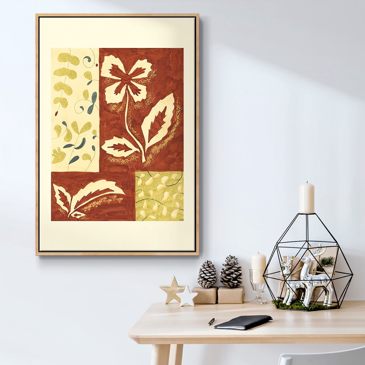 Festive Floral II - Framed Gallery Wrapped Holiday Canvas - 27 x 41 - Natural Wood Frame