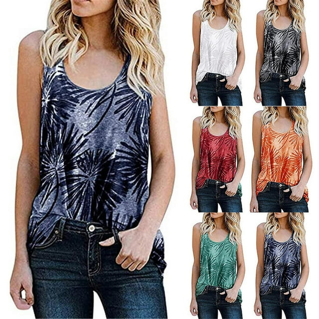 Mujeres Verano Cuello en U Boho Estampado floral Camisetas sin mangas Casual Camisas sin mangas Camis, Blue2xl Feliz Sencillez