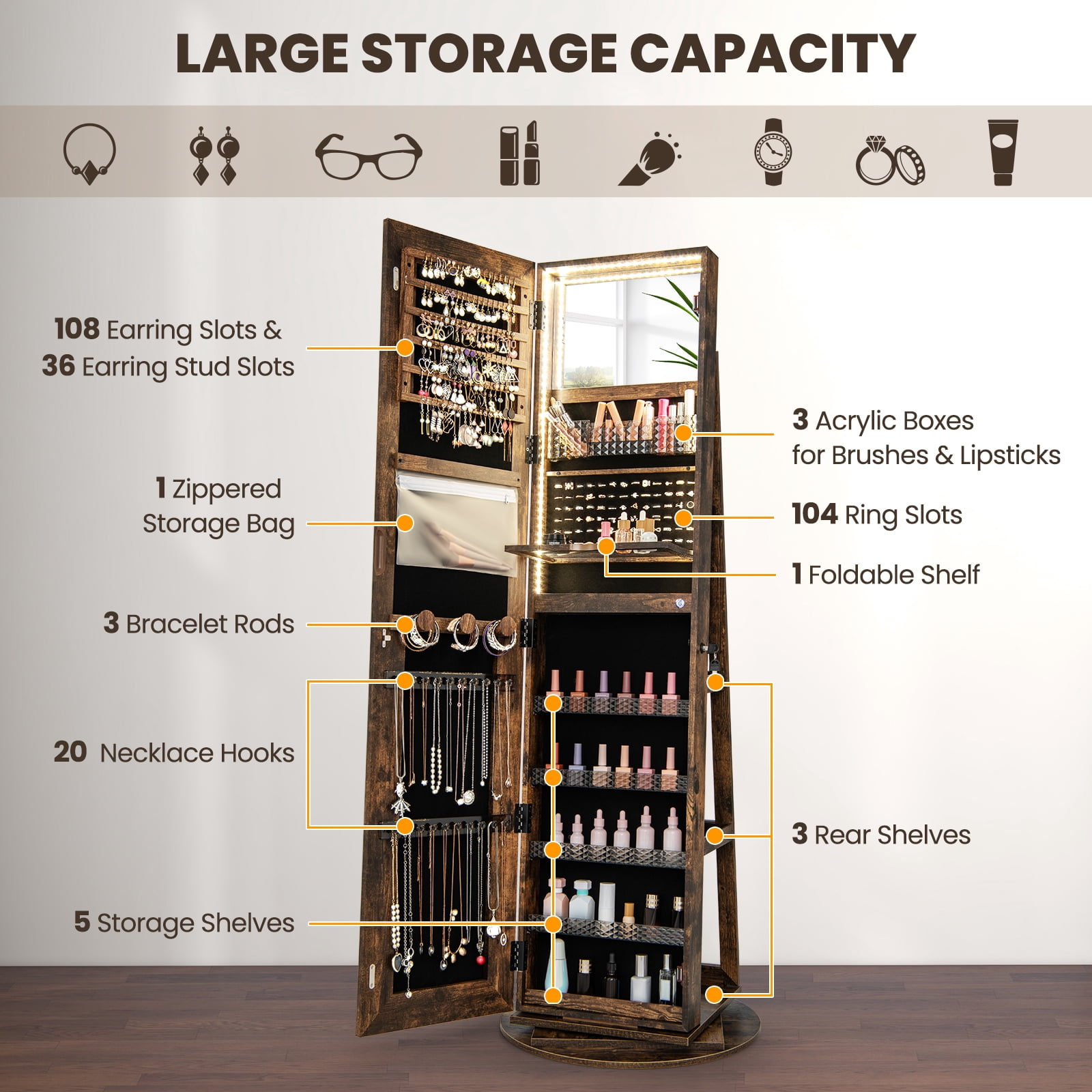 Costway 360° Swivel Jewelry Cabinet Organizer 3-Color LED Mirror with Built-in Lights Coffee