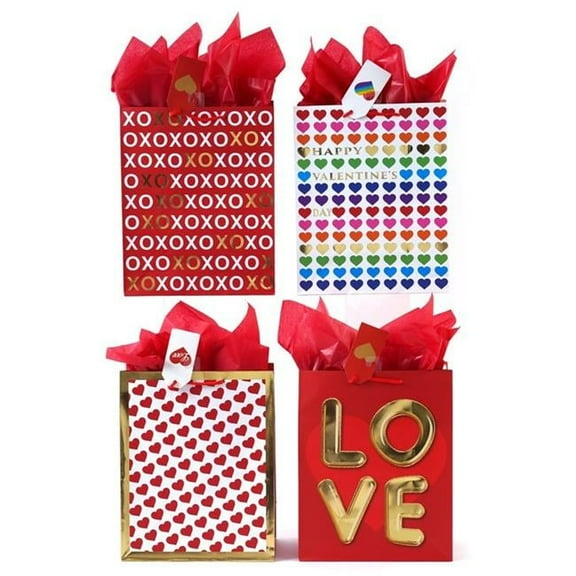 4 Design Hot Stamp Valentine Gift Bags, Large - Case of 120
