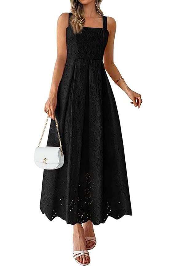 Womens Sleeveless Maxi Summer Dresses Hollow Out Eyelet Square Neck Ruffle Flowy Beach Vacation Sundress