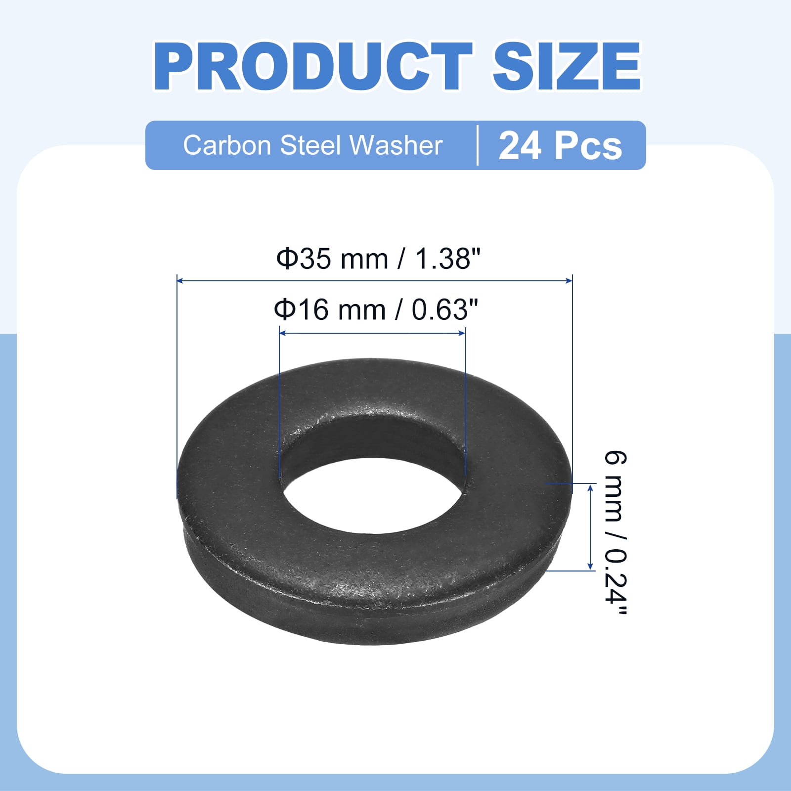 Uxcell 24pcs 5/8" Black Flat Washer for M16 Screw, Steel Metal Washers 16mm ID 35mm OD 6mm l for Industrial, Screws Bolts