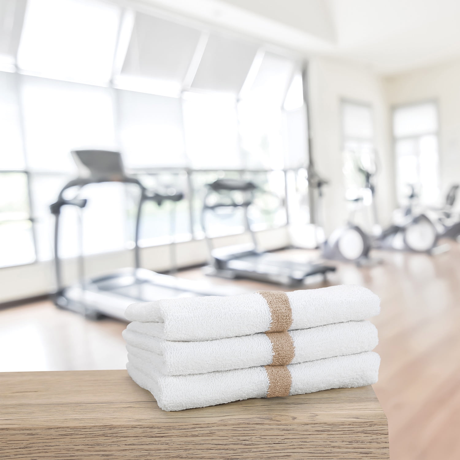 Arkwright Power Gym Hand Towels (12 Pack), 16x27 in., Soft Cotton, White with Beige Stripe