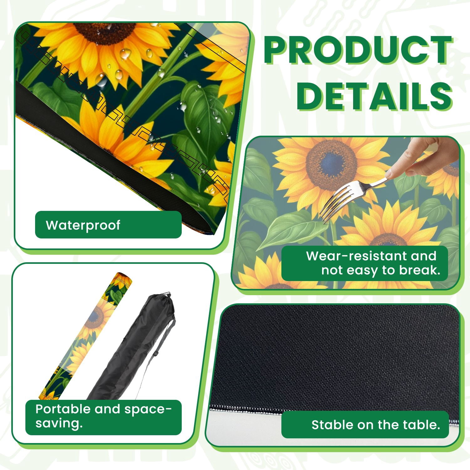 Mahjong Mat 31.5" x 31.5" Bright Sunflower Green Leaves Dark Non-Slip Noise Reduction American Mahjong Tiles Table Cover for Dominoes Poker Card Board Games Gift
