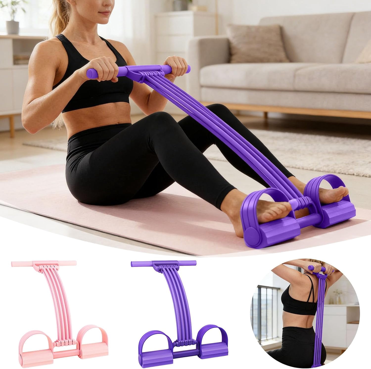 Elastic Pedal Resistance Bands with Non-Slip Handles, Multifunction Tension Rope, for Full Body Workout, Yoga and Stretching（purple）