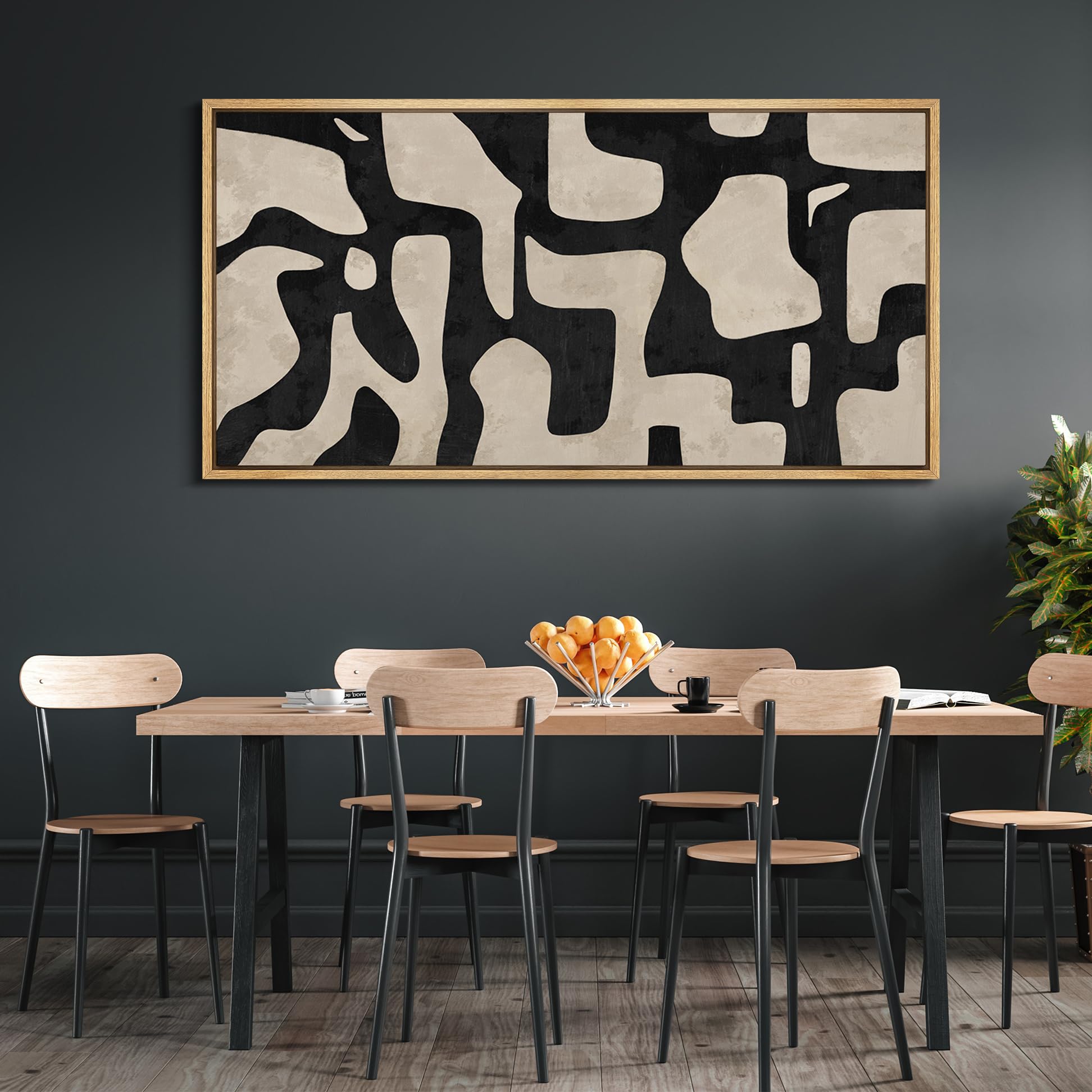 IDEA4WALL Extra Large Framed Canvas Print Wall Art Geometric Contours Black & White Abstract Fine Art Classic Pastel Boho Artwork Wall Decoration Relax/Calm for Living Room - 60"x30"