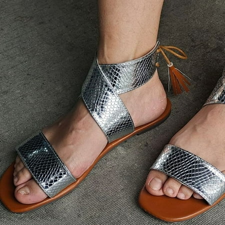 

〖Yilirongyumm〗 Silver 40 Sandals Women Sandals Women Beach Open Fashion Breathable Toe Tassel Summer Shoes Lace-Up Women s Sandals