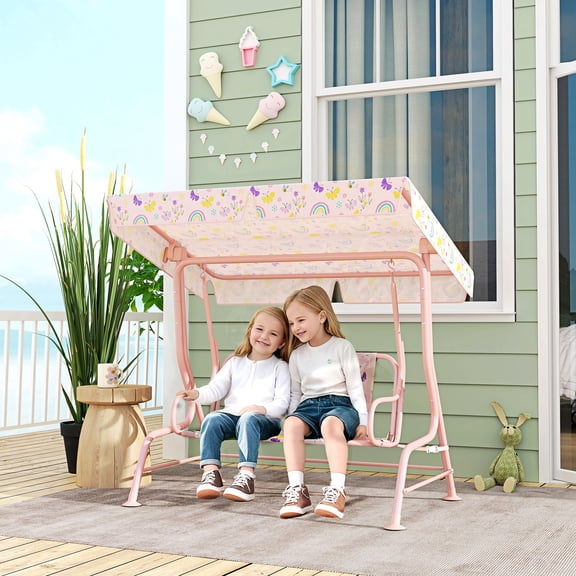 Qaba Kids Patio Swing, 2-Seater Outdoor Porch Swing Bench with Adjustable Canopy, Safety Belt for Patio, Garden, Poolside, Balcony, Pink