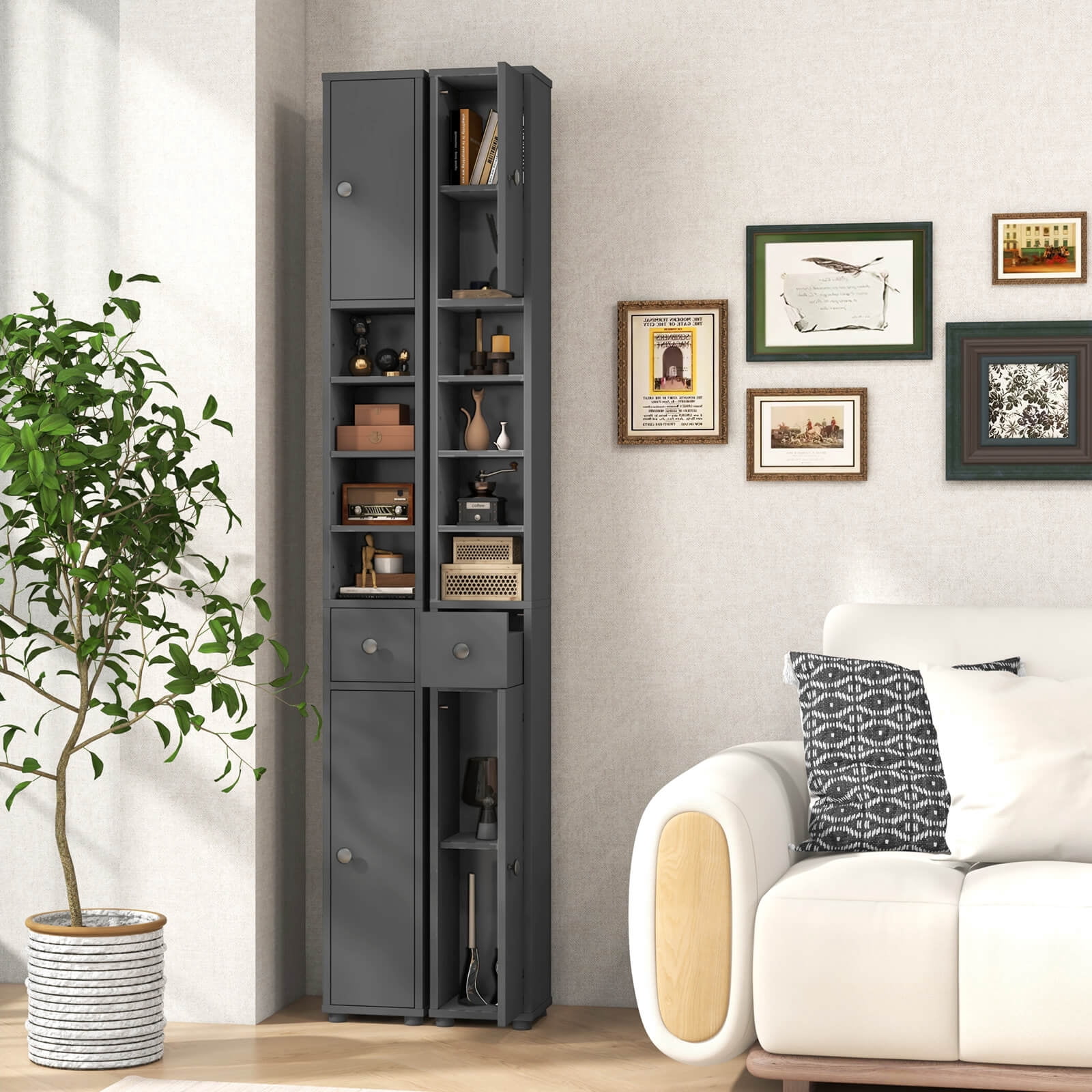 Costway 71" Slim Bathroom Storage Cabinet with 2 Doors 5 Adjustable Shelves 1 Drawer Gray