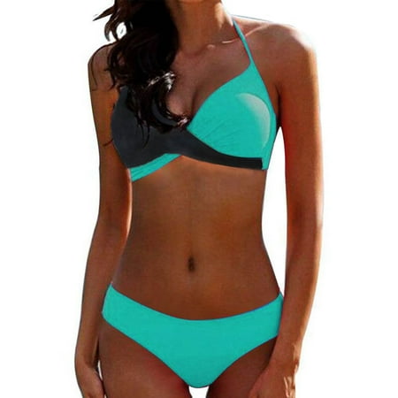 

Finelylove Two Piece Swimsuit For Women Padded Sport Bra Style Bikini Blue L