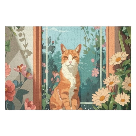 Puzzles for Adults 300 Pieces - Cat Sits Garden With Flowers Plants Funny Puzzles Educational Toys Birthday Christmas Valentine s Day Gift